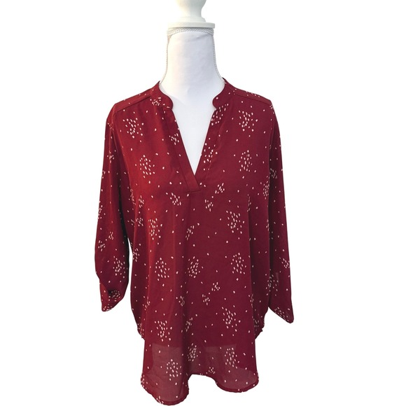 Lush Tops - Lush Roll Tab Sleeve Blouse Women Size M Berry Red Cream Abstract‎ Dash